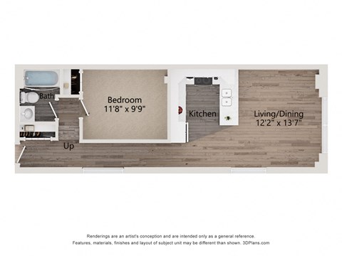 Floor plan for 1 bed, 1 bath, 555 sqft